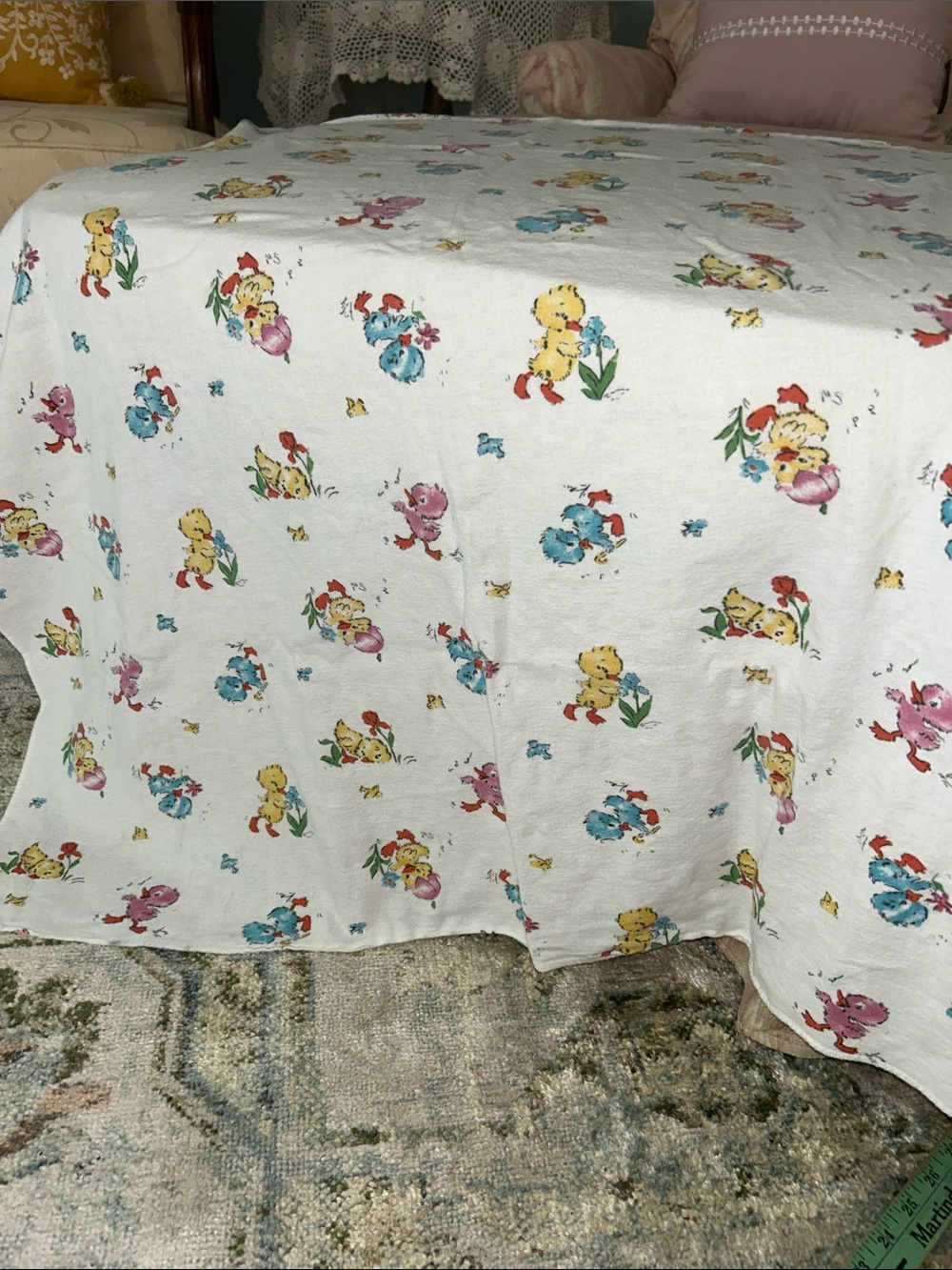 Vintage White Cotton Baby Chick Print receiving blanket